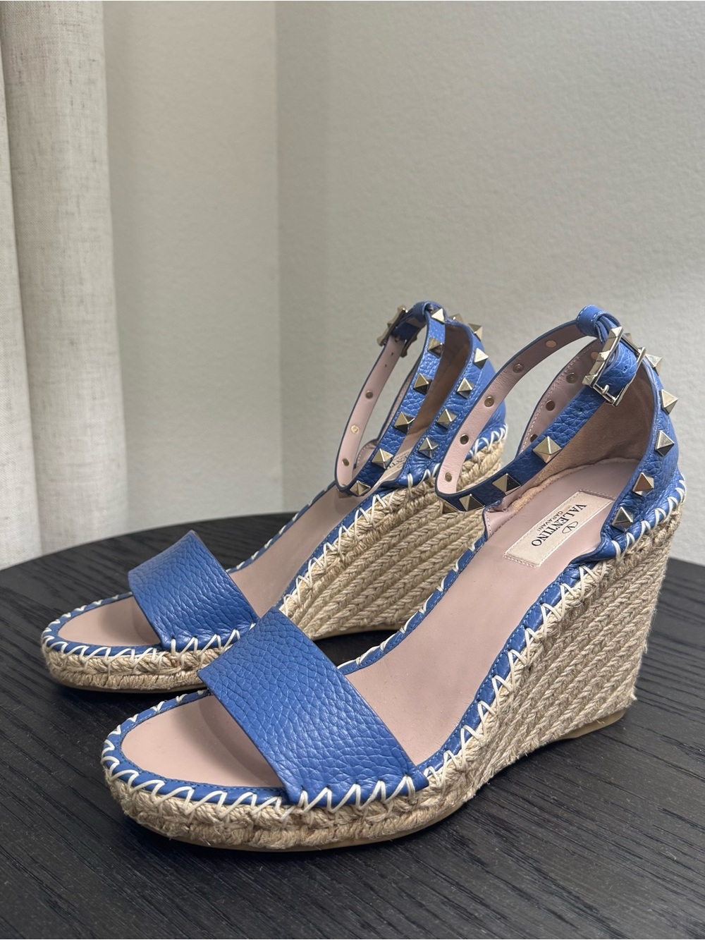 Valentino Garavani Rockstud Espadrille Wedge Sandals Blue 39